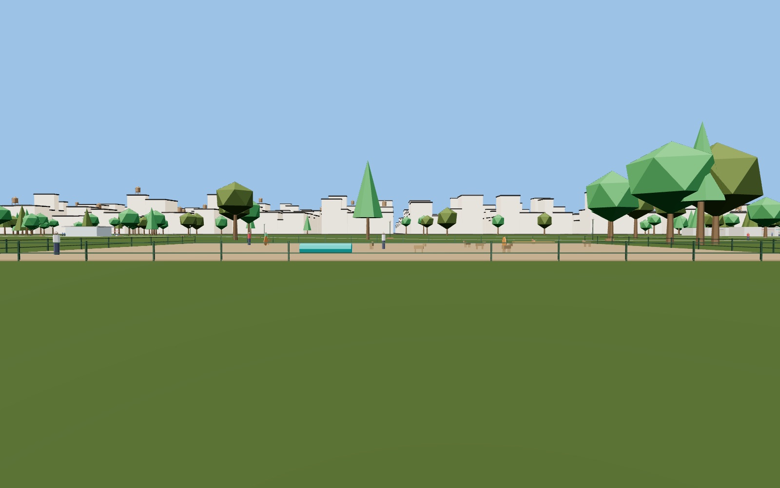 Fenced dog park with dogs and agility gear