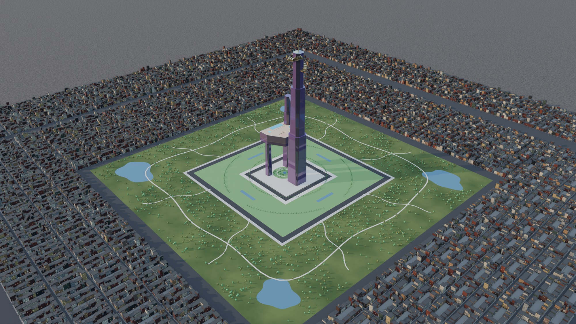 Aerial view of the three WorldTowers rising from their park in the middle of a dense city grid