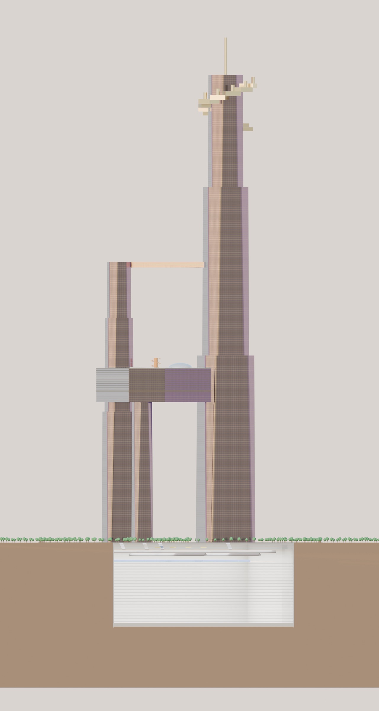 Full-height section from the spire to the deepest basement level